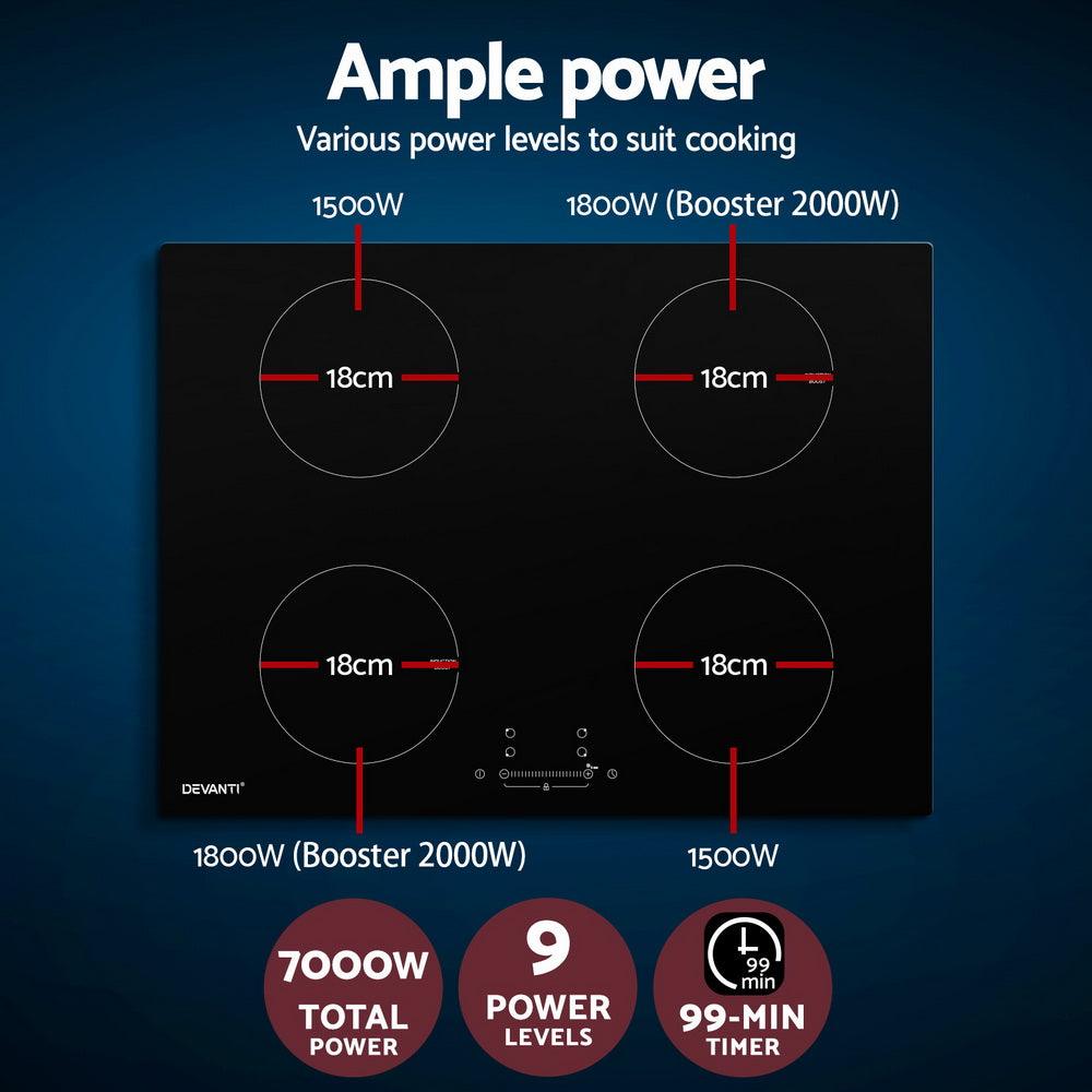 Devanti Electric Induction Cooktop 70cm Ceramic 4 Zones Stove Cook Top Hot Plate 7000W - Ozstylz